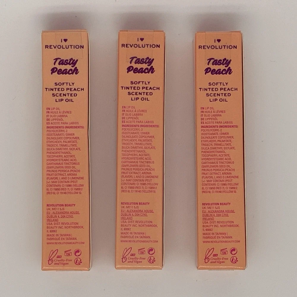 3 Pack Revolution Tasty Peach Lip Oil Gloss Peachy Keen Pink Fruit Scented